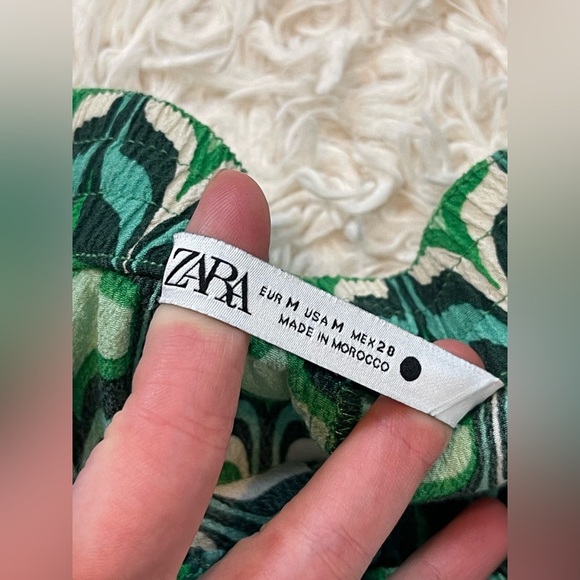 ZARA Trousers Printed Geometric Pajama Style elastic waist drawstrings M green - Picture 6 of 8